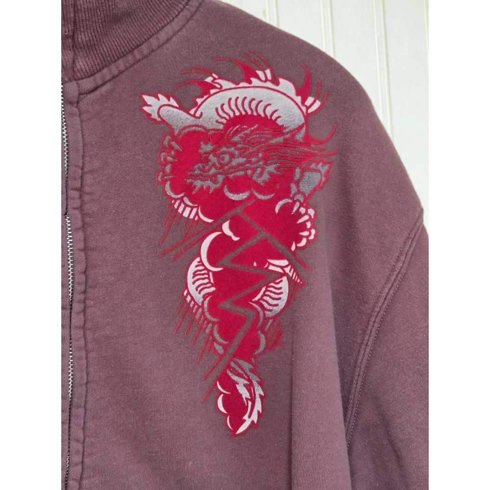 Ed Hardy Sweatshirt Mens XL Brown Full Zip Fleece New York City Tattoo Graphic - Picture 6 of 13